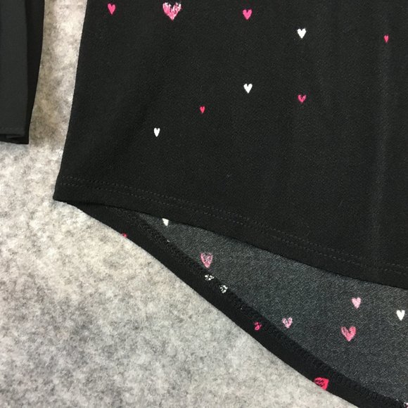 Elle Top XS Blouse Career Heart Print Crepe Black Accordion Pleat Sleeves Pink - Picture 5 of 13